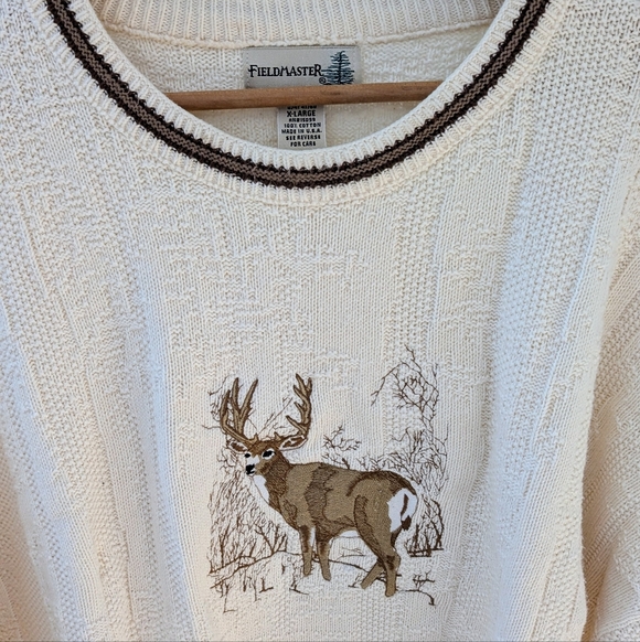 Vintage Chunky Textured Deer Embroidered Crewneck Sweater In Ivory - Picture 3 of 9